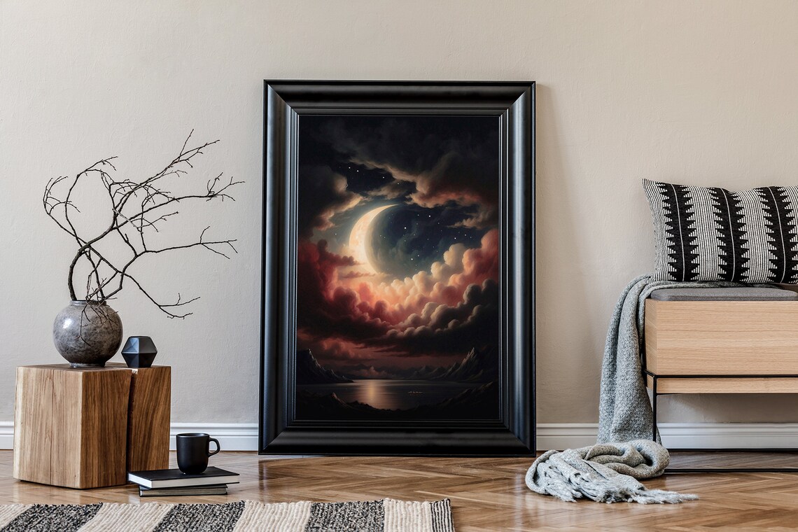 Crescent Moon Through Red Clouds Over a Moonlit Lake and Mountains Poster - Image 2