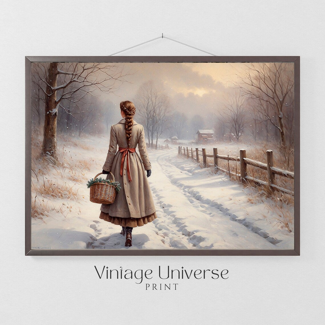 Woman With Basket Walking Snowy Winter Path Vintage Oil Painting Poster - Image 5