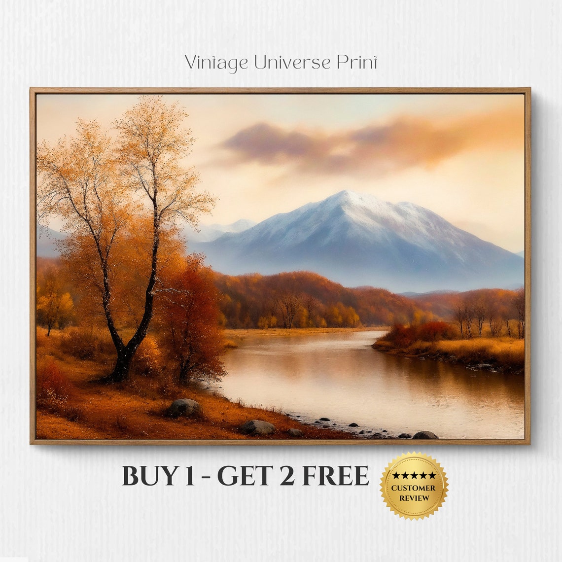 Autumn River Valley Snowy Mountain Vintage Oil Painting Poster