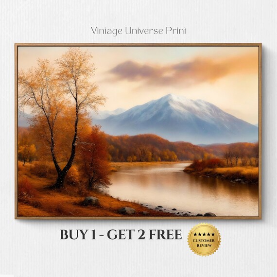 Autumn River Valley Snowy Mountain Vintage Oil Painting Poster