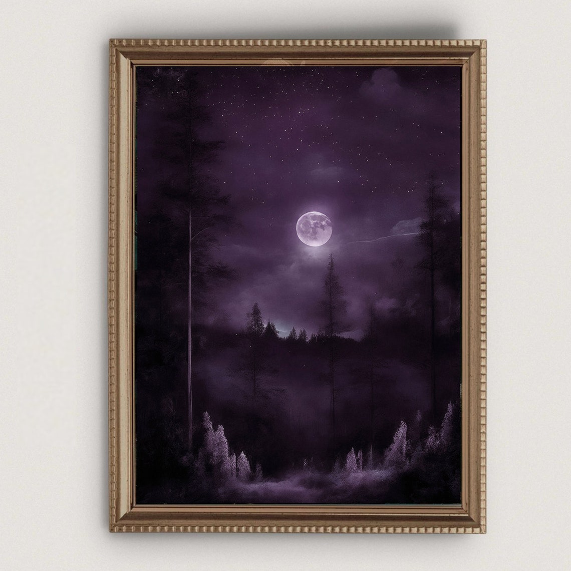 Purple Night Sky Full Moon Over Forest Vintage Celestial Poster - Image 4