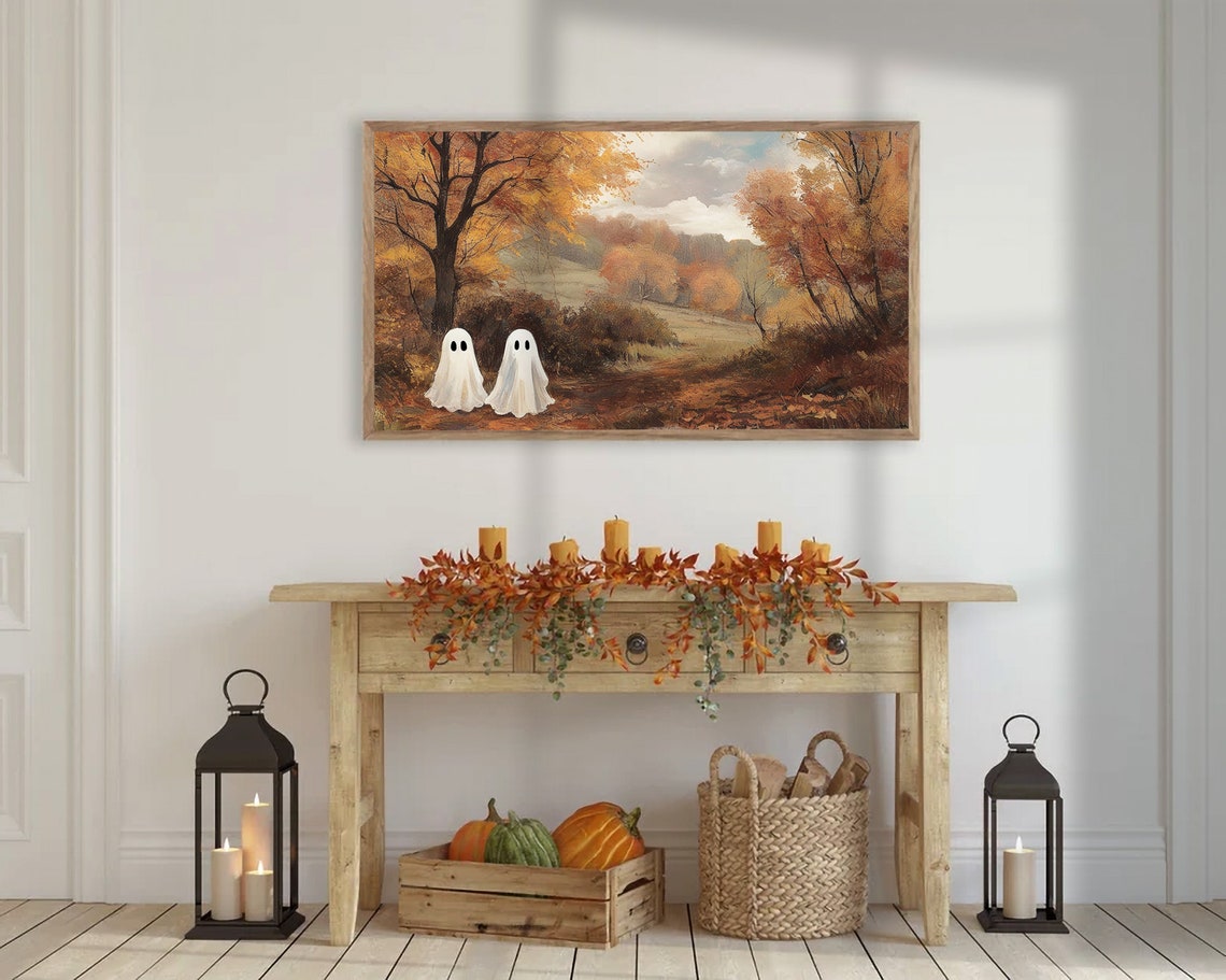 Two Cute Ghosts In Colorful Autumn Forest Path Halloween Art Poster - Image 4
