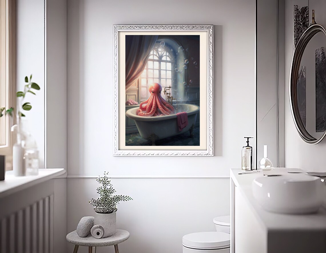 Pink Octopus Soaking In A Clawfoot Bathtub Colorful Bathroom Poster - Image 3