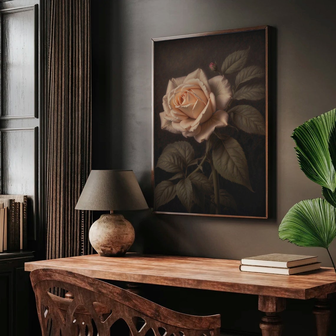 Blush Pink Rose Botanical Painting On Dark Moody Background Poster - Image 3