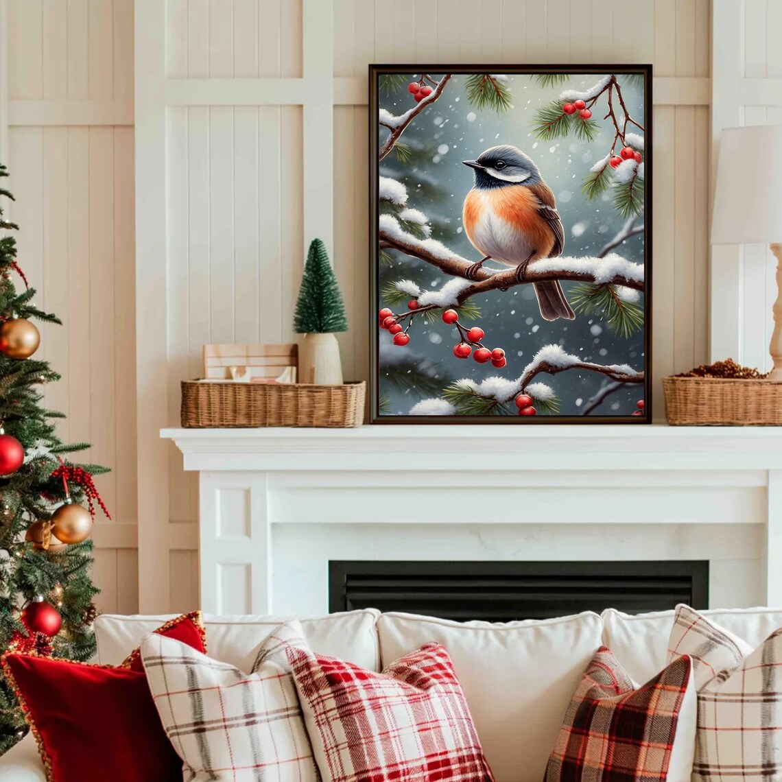 Orange Breasted Songbird On A Snowy Branch With Red Berries Print - Image 4