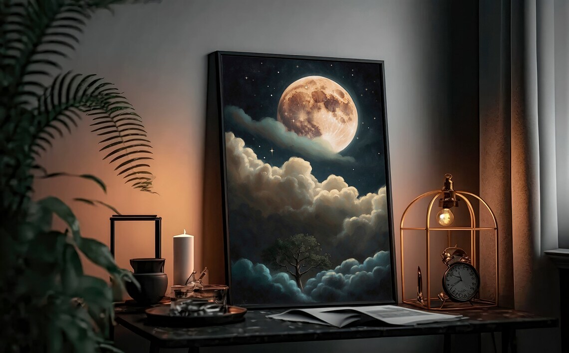 Full Moon Rising Above Dramatic Clouds with a Lone Tree Silhouette Art Print - Image 3