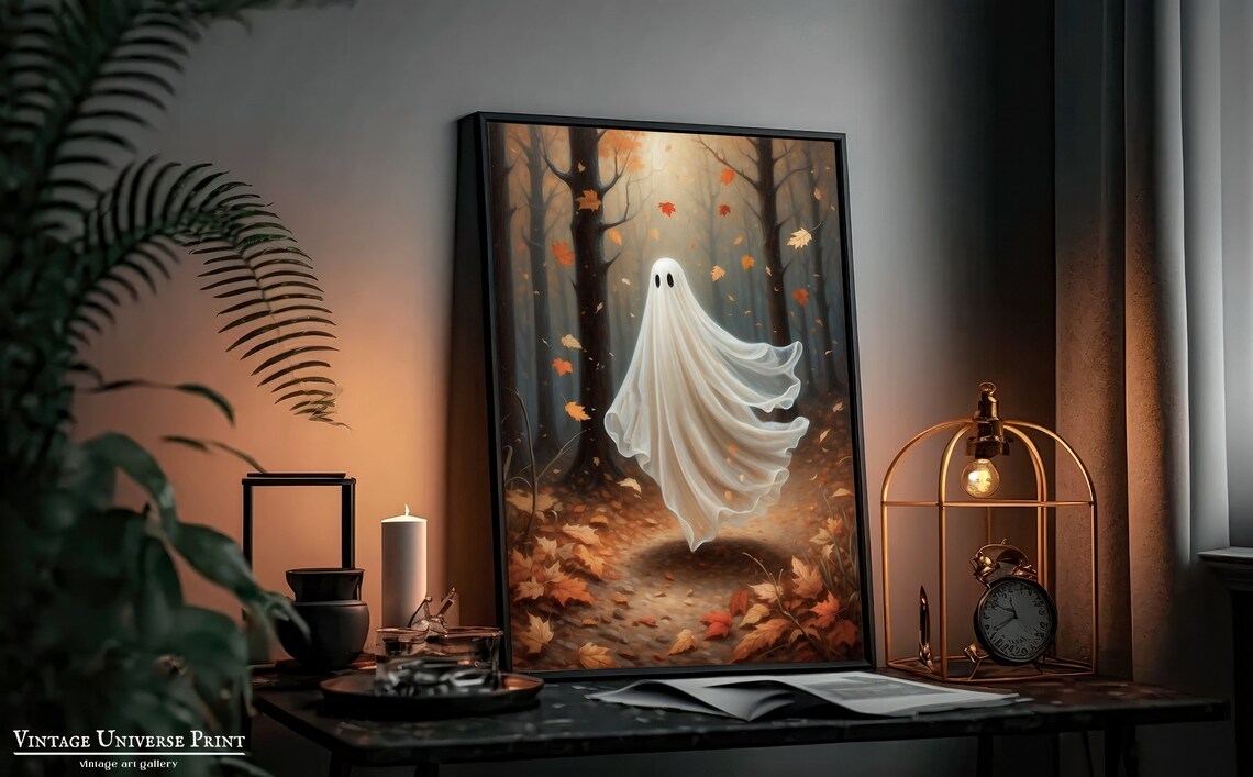 Ghost Floating Through an Autumn Forest of Falling Orange Leaves Poster - Image 4