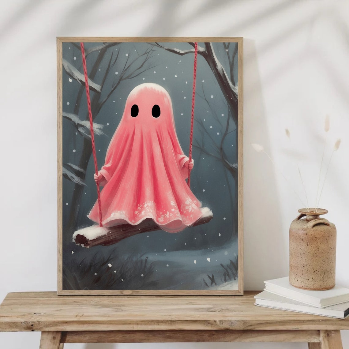 Pink Ghost on Swing in Snowy Forest at Night Whimsical Print - Image 2