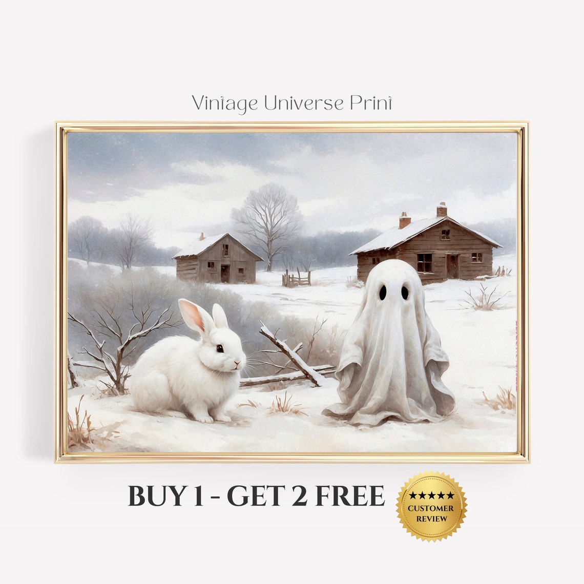 Ghost and White Rabbit Snowy Farmhouse Winter Landscape Print
