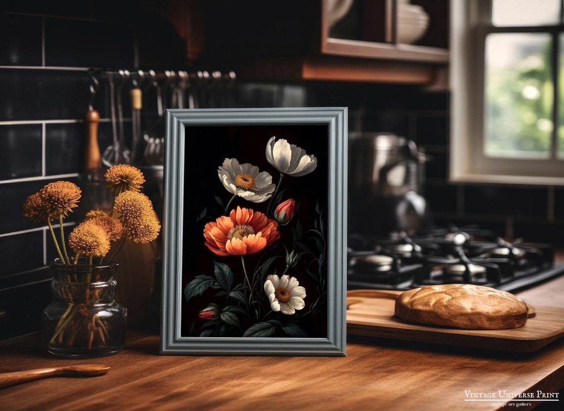 Orange And White Wildflowers On Black Background Moody Floral Poster - Image 3