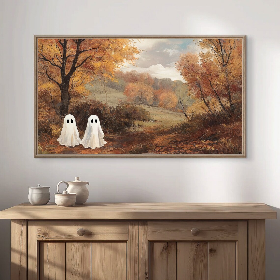 Two Cute Ghosts In Colorful Autumn Forest Path Halloween Art Poster - Image 2