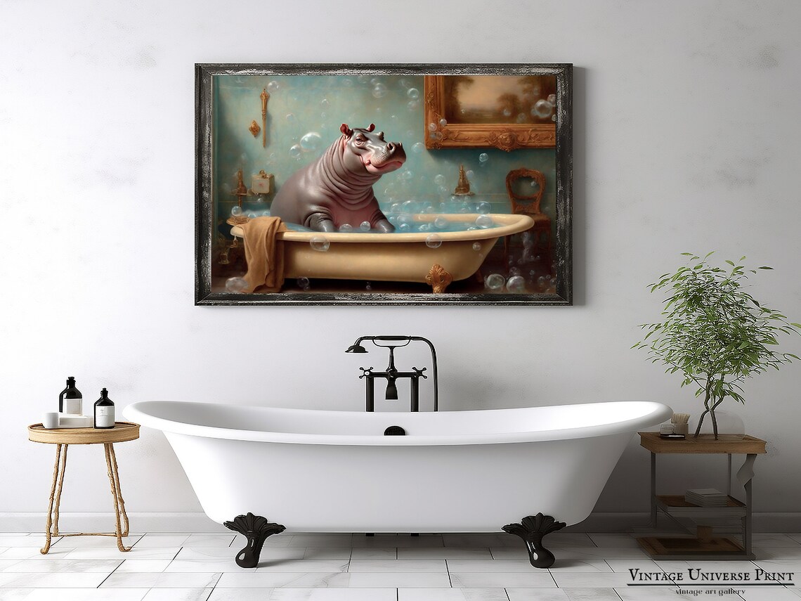 Smiling Hippo Relaxing in a Vintage Bathtub Full of Bubbles Funny Poster - Image 5