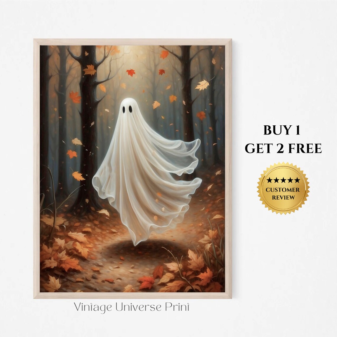 Ghost Floating Through an Autumn Forest of Falling Orange Leaves Poster