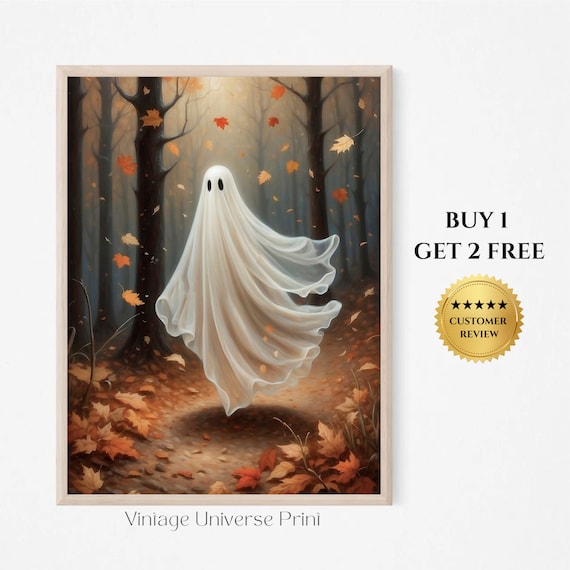 Ghost Floating Through an Autumn Forest of Falling Orange Leaves Poster