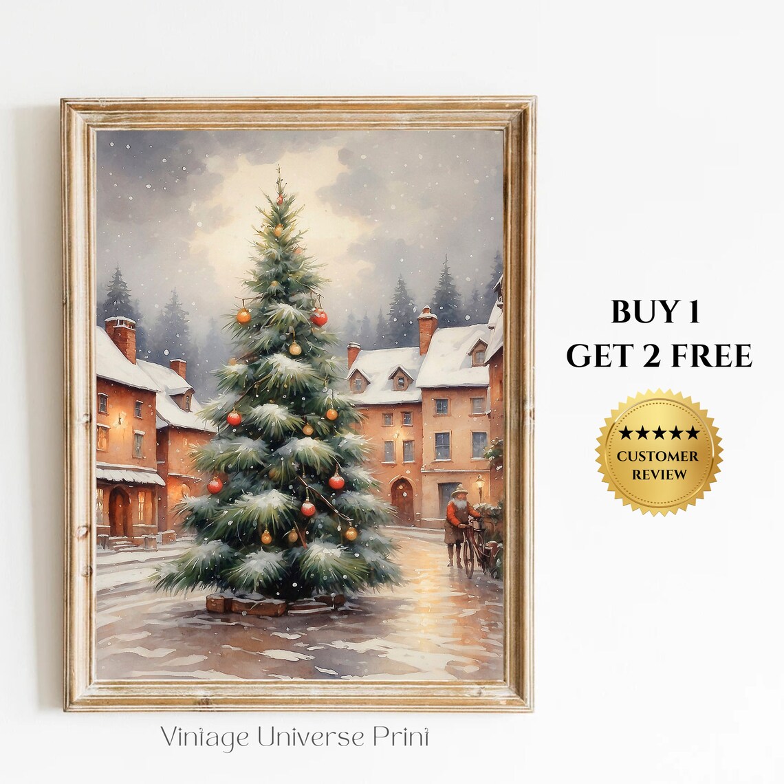 Christmas Tree in Snowy Town Square Vintage Holiday Painting Poster