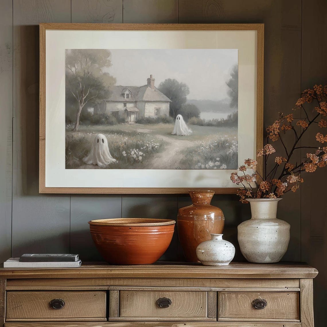 Two Ghosts Near A Farmhouse Wildflower Path Halloween Poster - Image 3