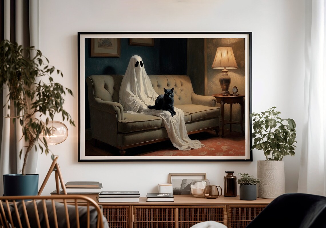 Sheet Ghost Lounging On A Vintage Sofa With A Black Cat Cozy Halloween Art Print - Image 4