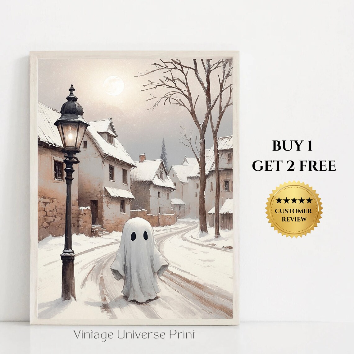 Ghost on Moonlit Snowy Village Lane by Old Street Lamp Print