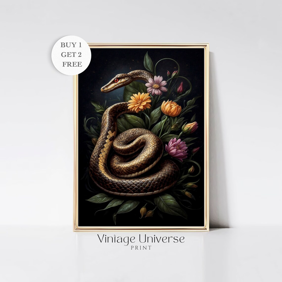 Snake Coiled Among Flowers Dark Antique Oil Painting Wall Art