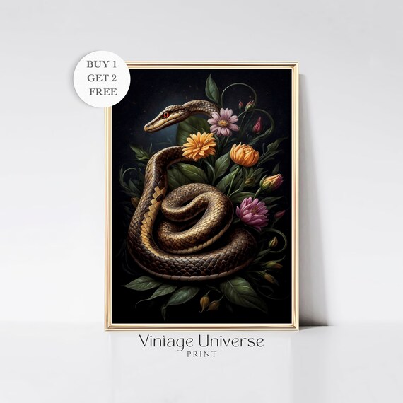 Snake Painting Moody Antique Oil Painting Floral Snake Print Dark Academia Decor Moody Flowers Vintage Print Wall Art