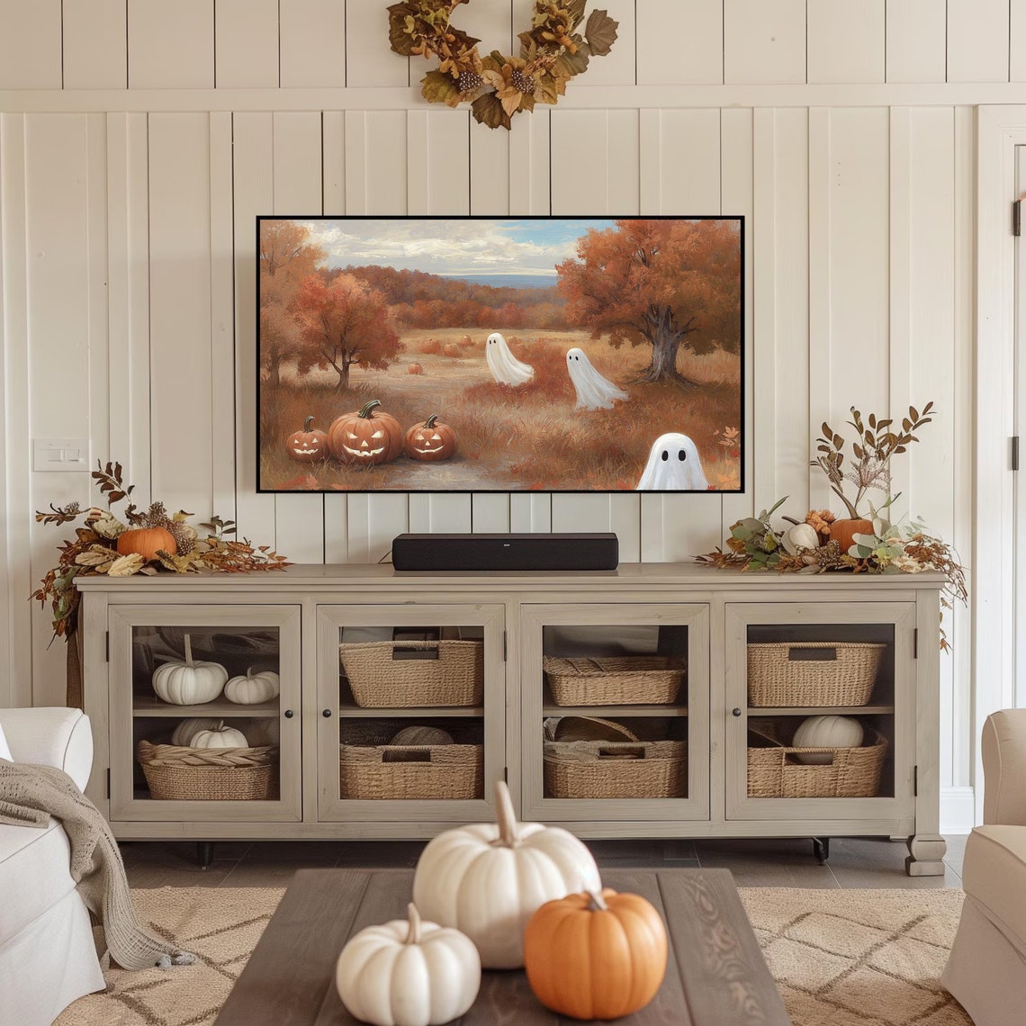 Cute Ghosts And Jack O Lanterns Pumpkin Field Halloween Poster - Image 3