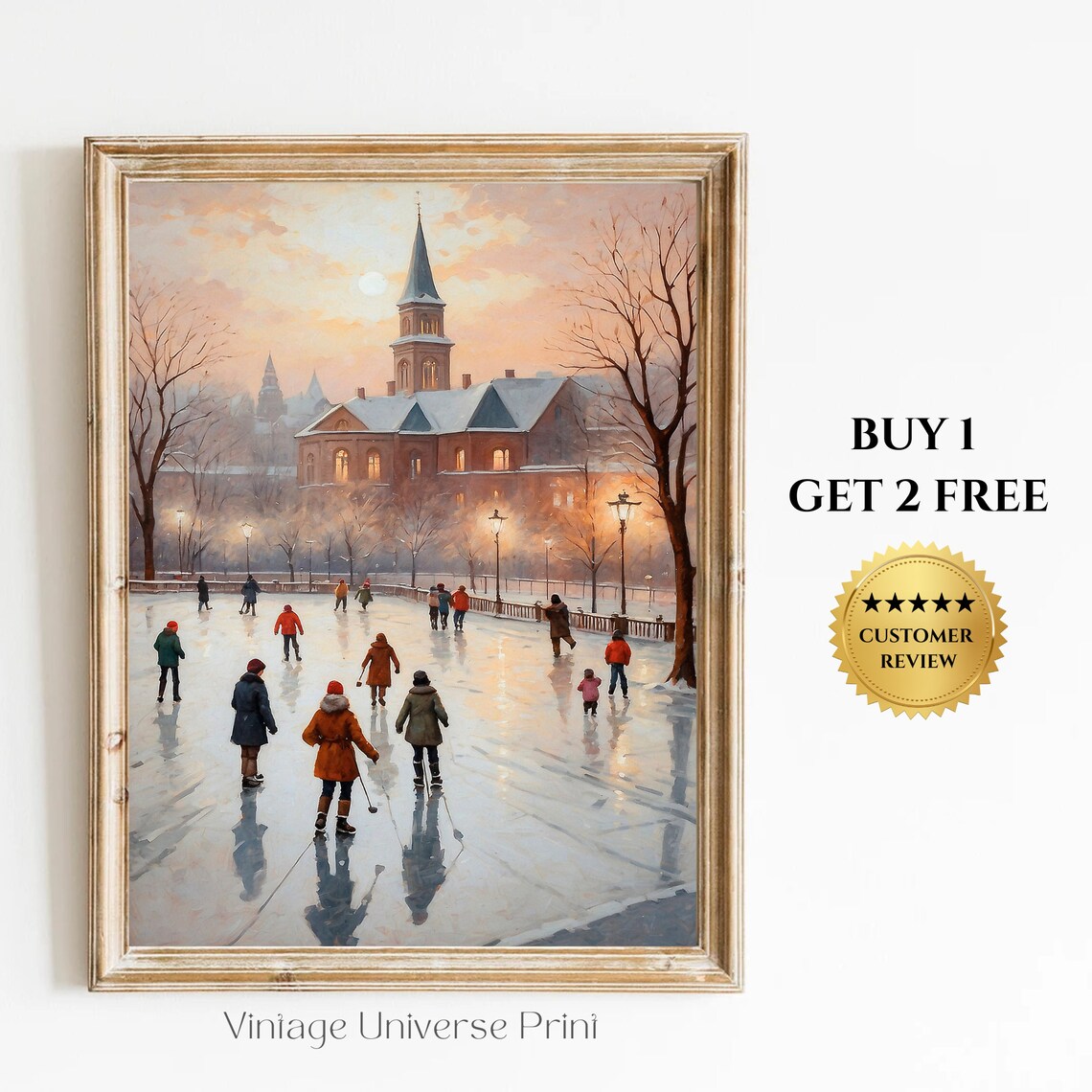 Ice Skaters on Frozen Pond Before Church Winter Vintage Poster
