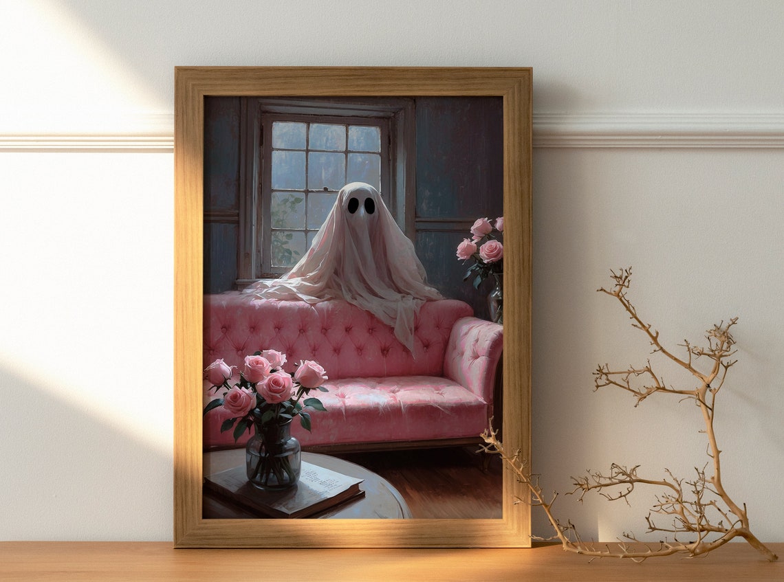 Romantic Ghost Print Cute Ghost With Flowers Ghost Art Print Ghost Painting Living Room Wall Decor Bedroom Wall Art 163 - Image 3