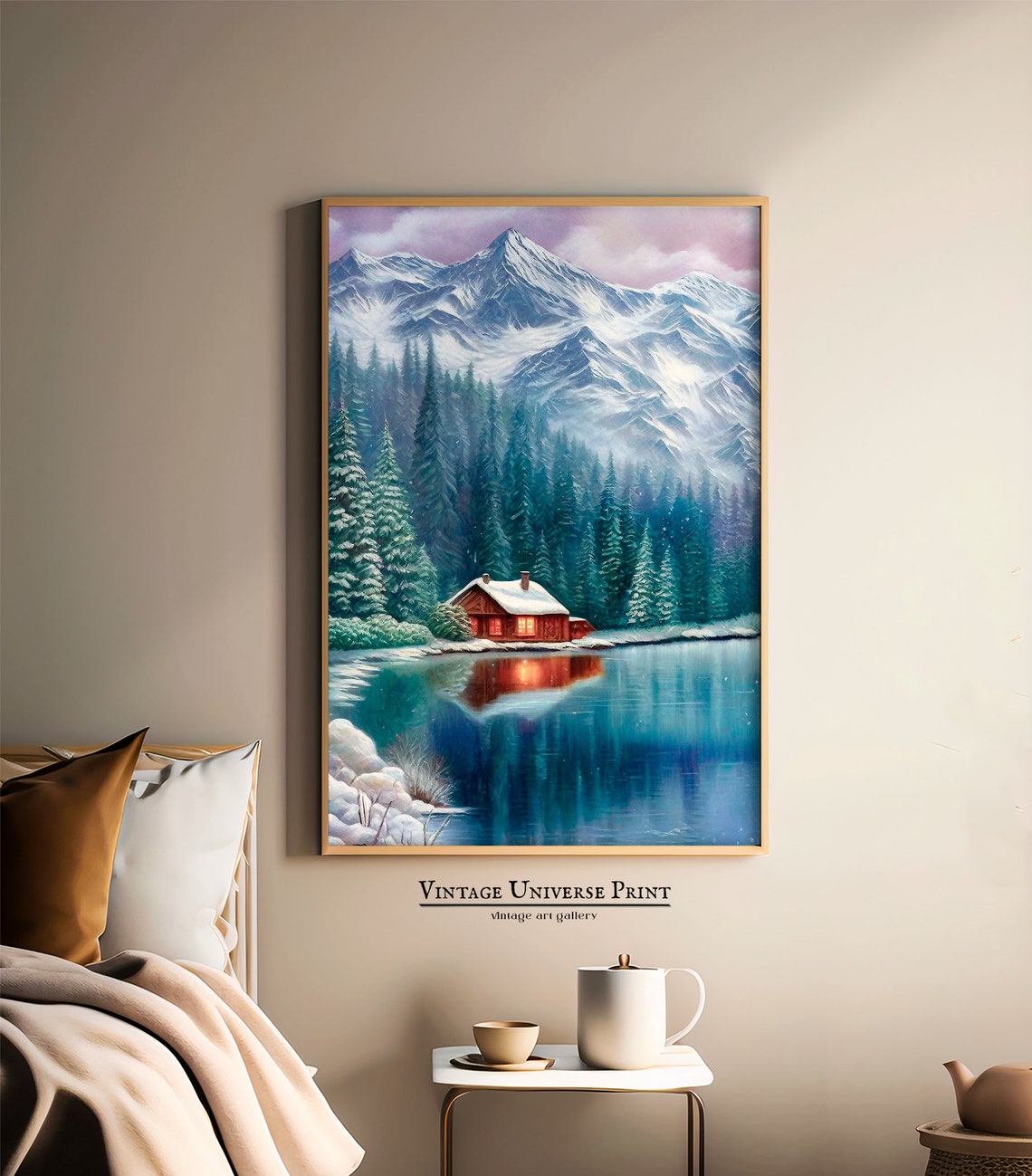 Snowy Mountain Cabin Glowing Lake Reflection Winter Forest Poster - Image 3