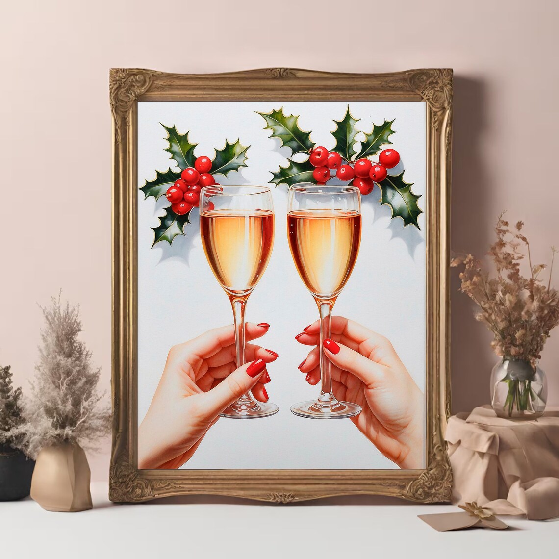 Champagne Cheers Holly Berries Festive Christmas Holiday Toast Poster - Image 3
