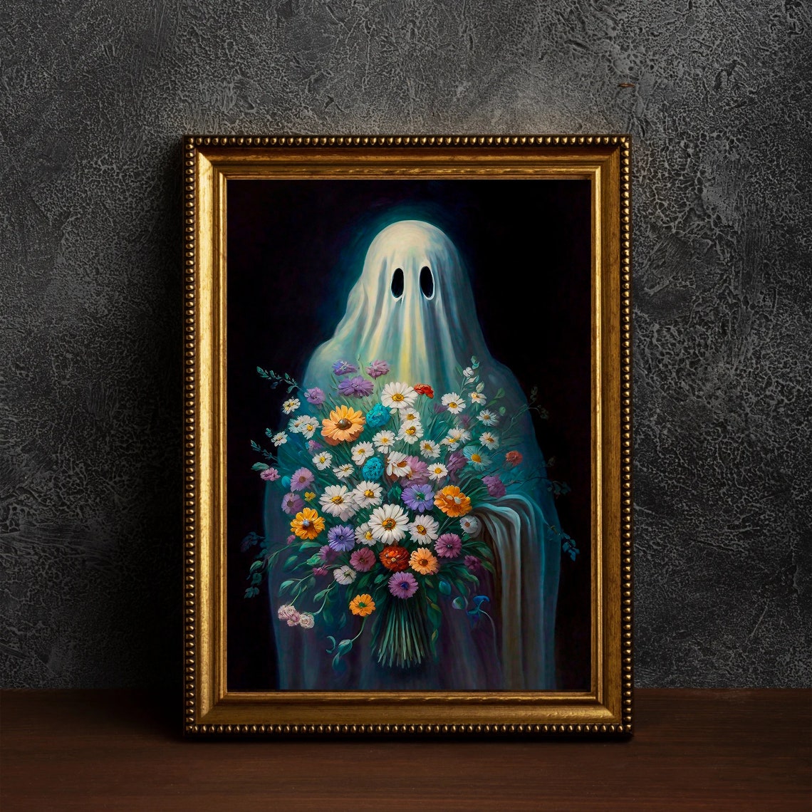 Sweet Ghost Holding Wildflower Bouquet Spooky Cute Art Poster - Image 4