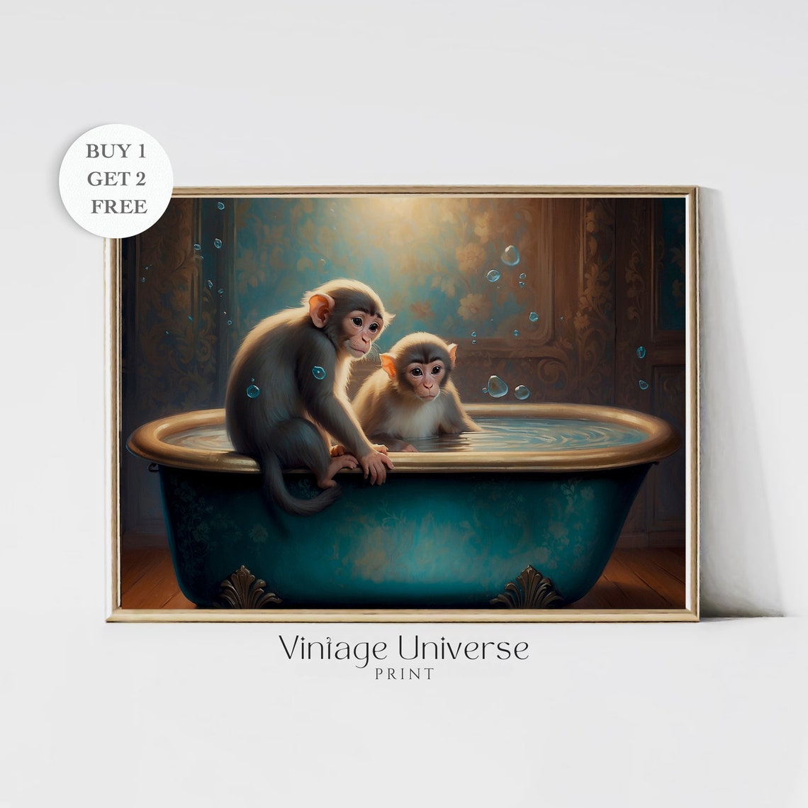 Playful Baby Monkeys Sharing A Bubble Bath In Teal Tub Poster