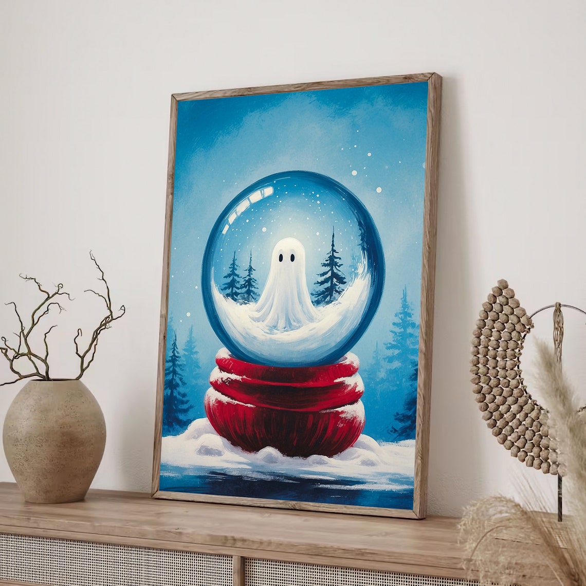 Ghost Inside Snow Globe with Red Base Christmas Painting Print - Image 2