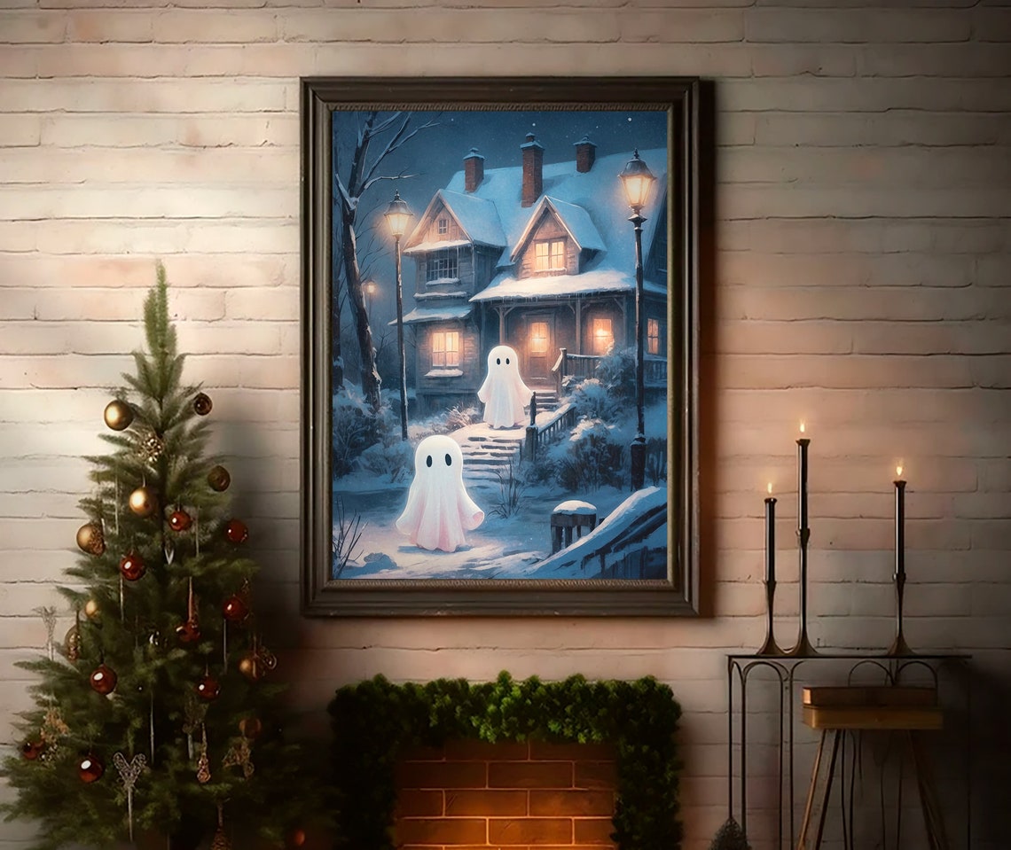 Two Ghosts Visiting Snowy House at Night Under Lamplight Print - Image 2