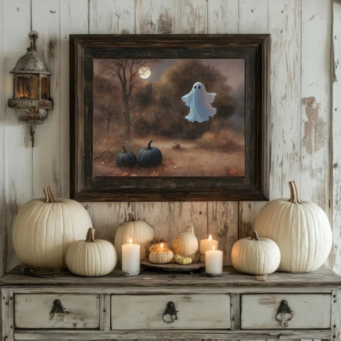 Ghost Over Black Pumpkins Under Full Moon Vintage Halloween Poster - Image 4