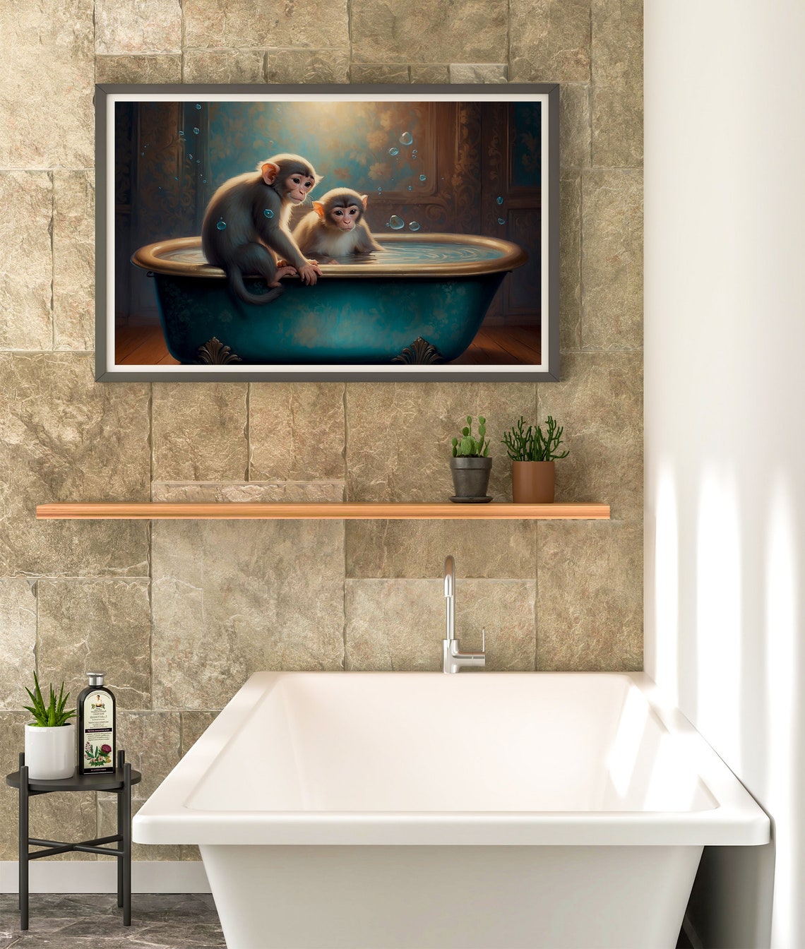 Playful Baby Monkeys Sharing A Bubble Bath In Teal Tub Poster - Image 4