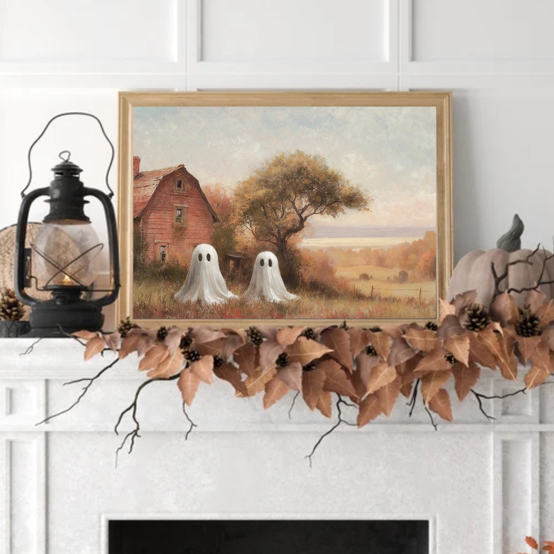 Cute Ghost Pair At Old Red Barn Autumn Meadow Halloween Decor Poster - Image 3