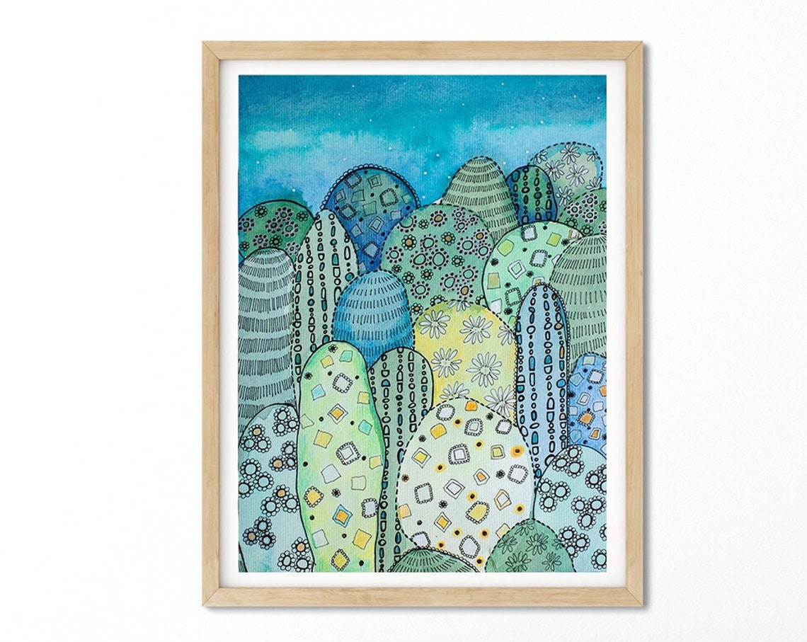 Blue Green Doodle Forest Whimsical Patterned Trees Art Poster