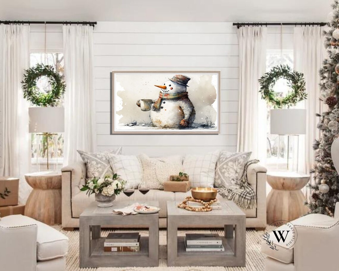 Watercolor Snowman Holding Hot Cocoa Top Hat Scarf Cozy Winter Poster - Image 2