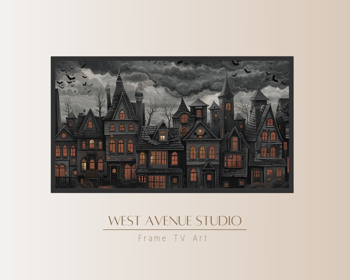 Gothic Halloween Village Stormy Gray Sky Glowing Windows Bats Night Poster - Image 3