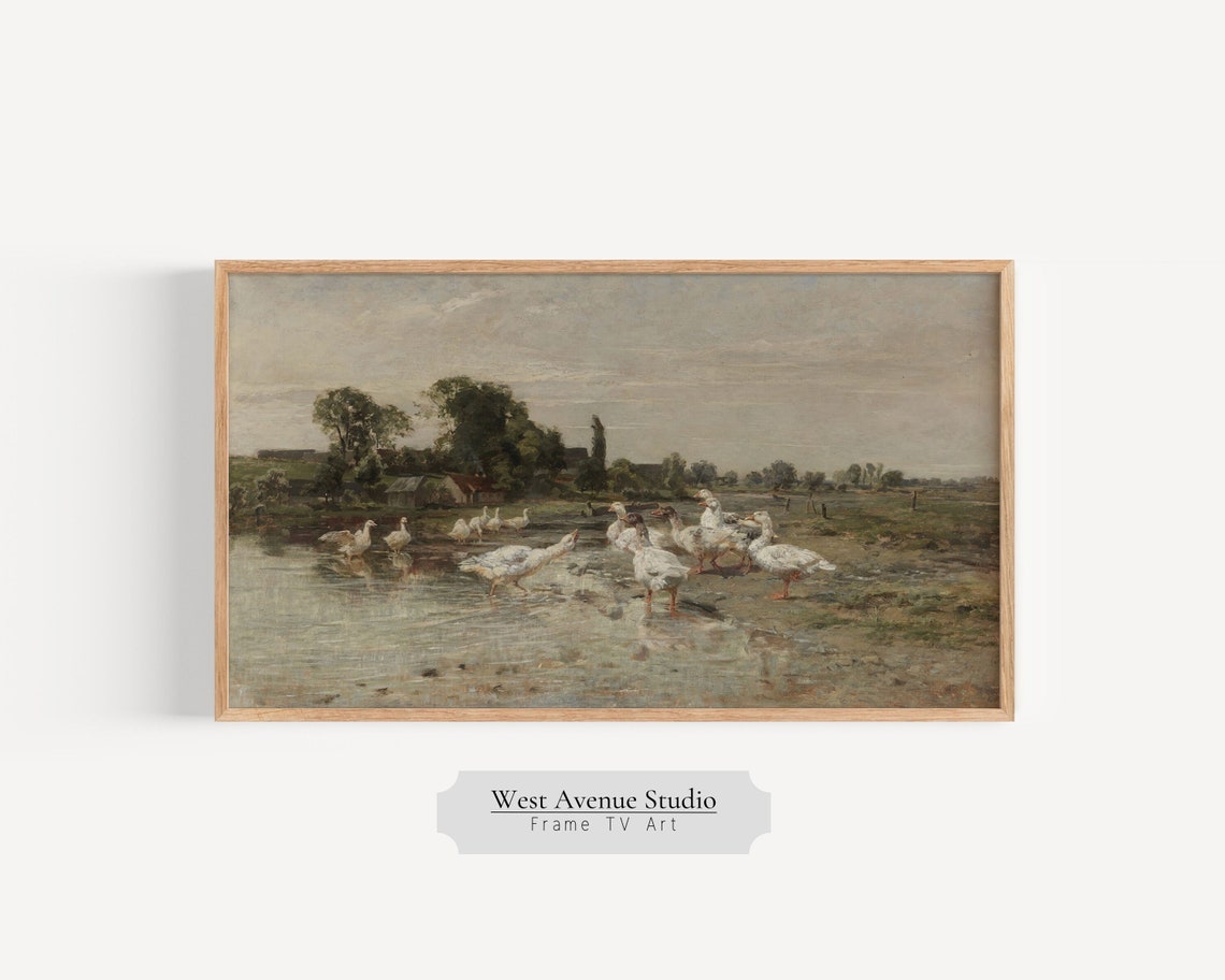 Frame Tv Art Spring Geese On The Farm Vintage Landscape Oil Painting Summer Artwork Oil Painting Instant For Tv Art 315tv