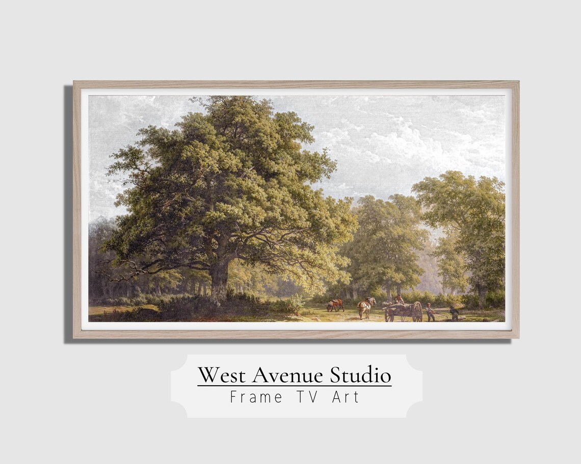 Majestic Oak Forest Woodland Path Horse Cart Vintage Landscape Poster - Image 4