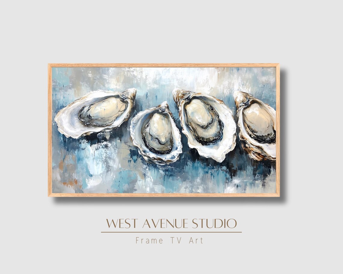 Coastal Oyster Shells Blue Abstract Beach House Kitchen Wall Art Poster