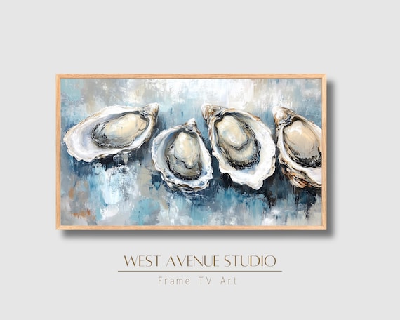 Coastal Oyster Shells Blue Abstract Beach House Kitchen Wall Art Poster