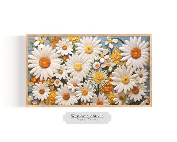 White Daisy Flowers Orange Centers 3D Embroidery Texture Summer Art Poster