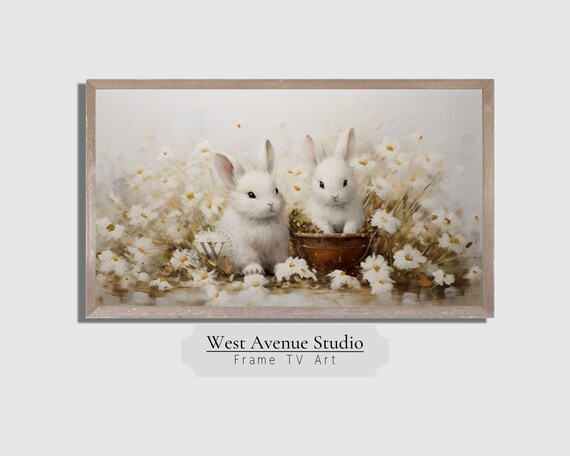Two White Bunnies Among Daisies Spring Easter Bunny Farmhouse Wall Art Poster
