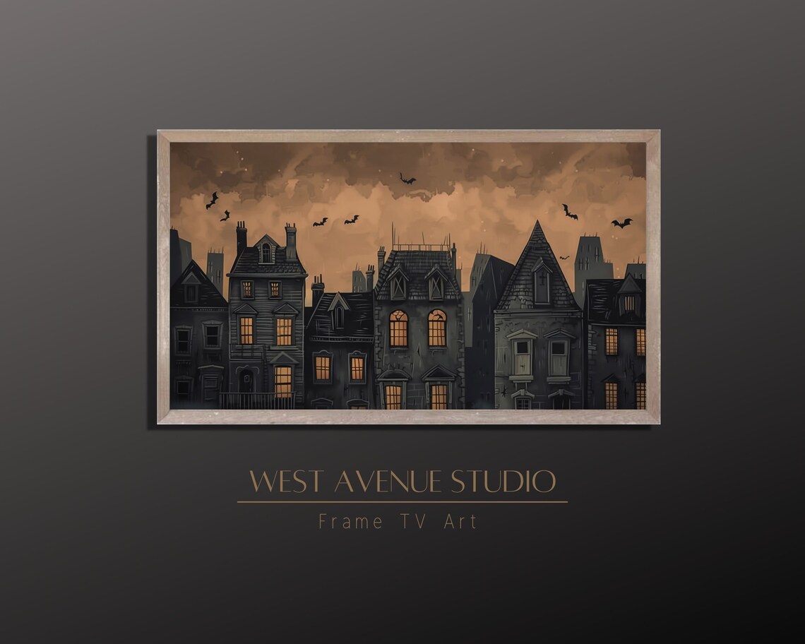Spooky Halloween Village Dark Houses Glowing Windows Bats Night Sky Poster - Image 5