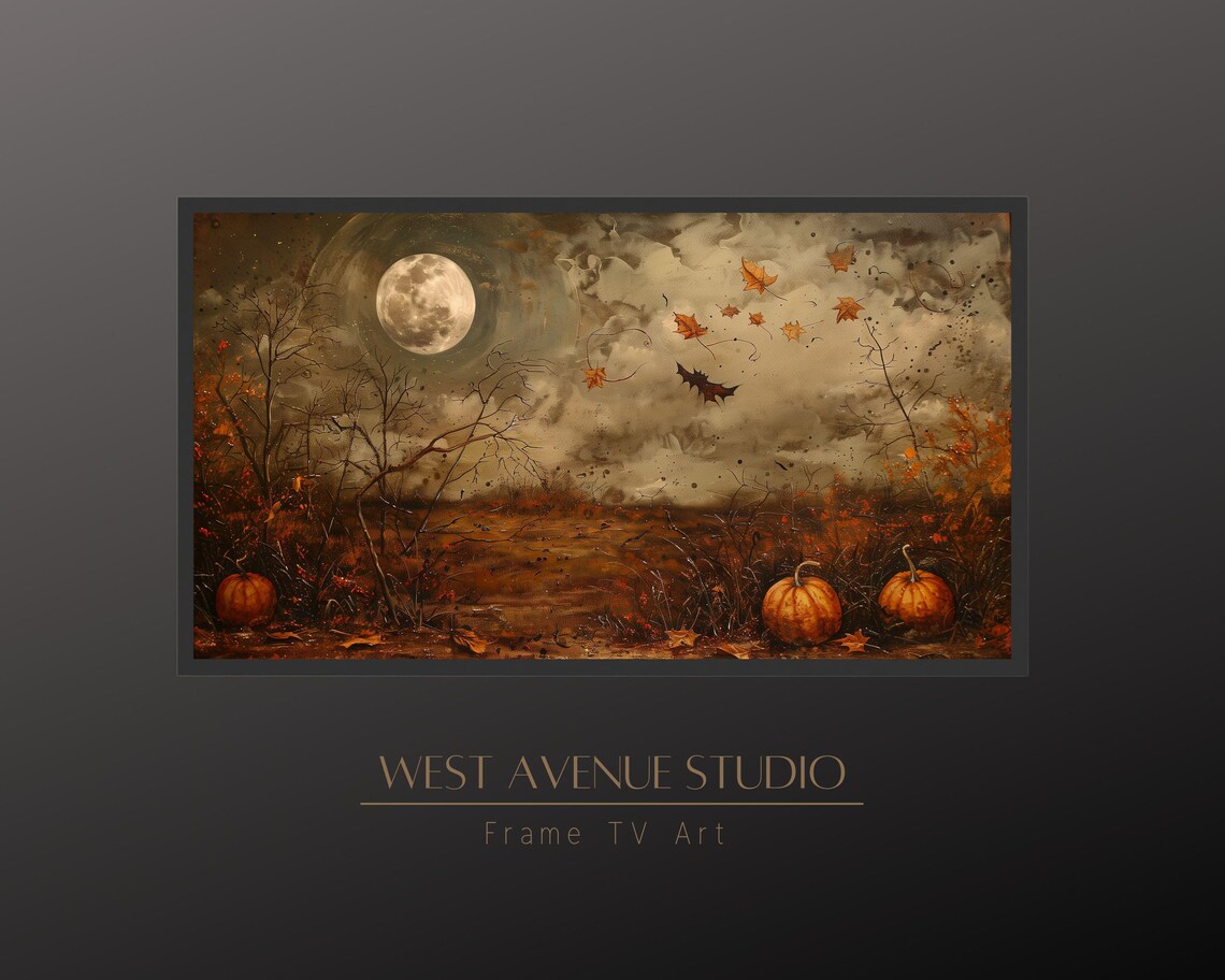 Fall Harvest Full Moon Pumpkins Bare Trees Moody Autumn Night Art Poster - Image 2