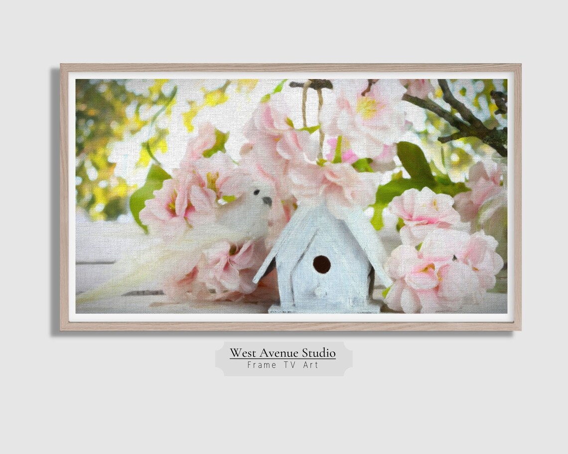 White Birdhouse Pink Spring Blossoms Garden Cottage Floral Art Poster - Image 5