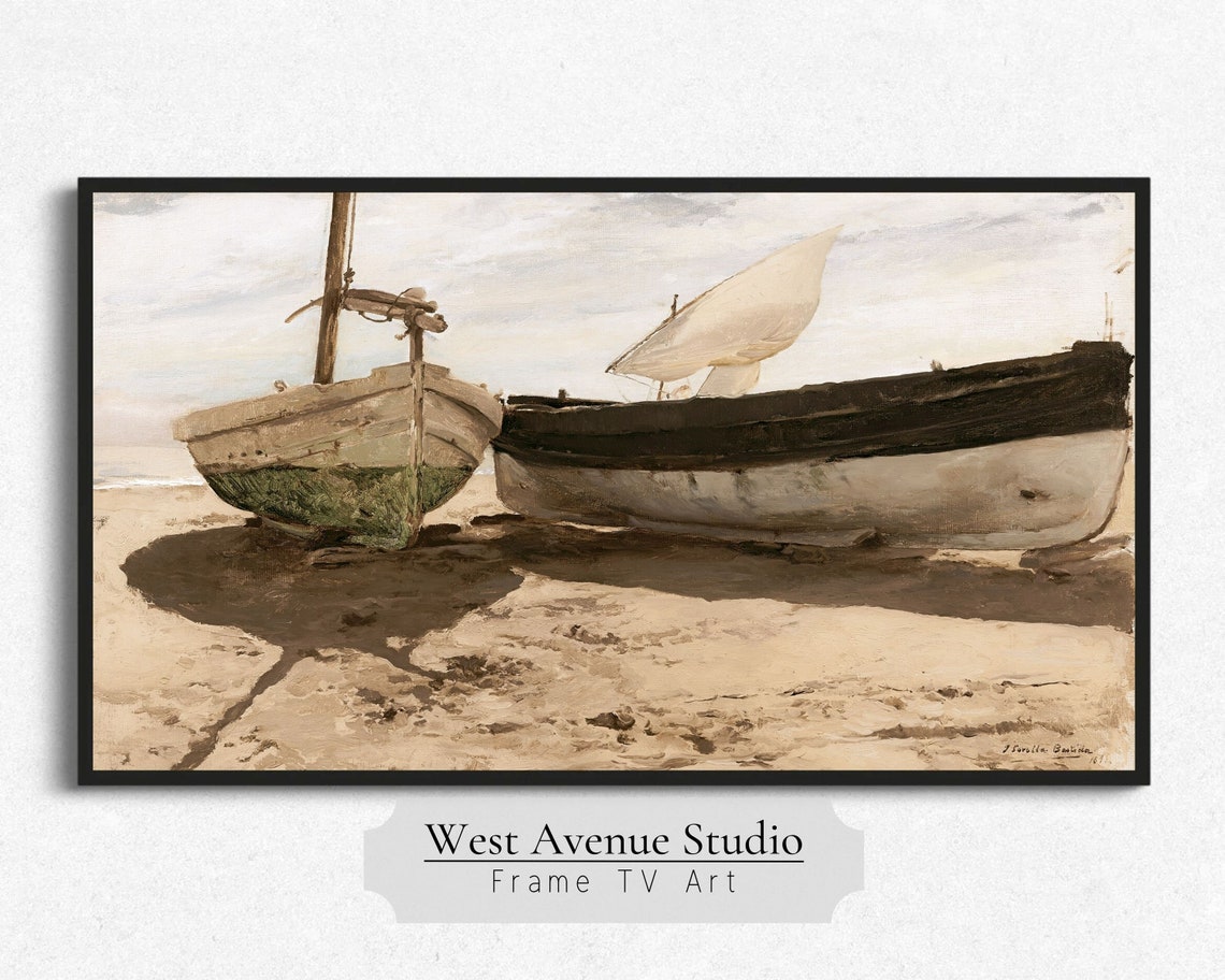 Frame Tv Art Summer Seascape Vintage Oil Painting Nautical Tv Art Summer Boats Summer Tv Art Circa 1893 Instant 297 - Image 2