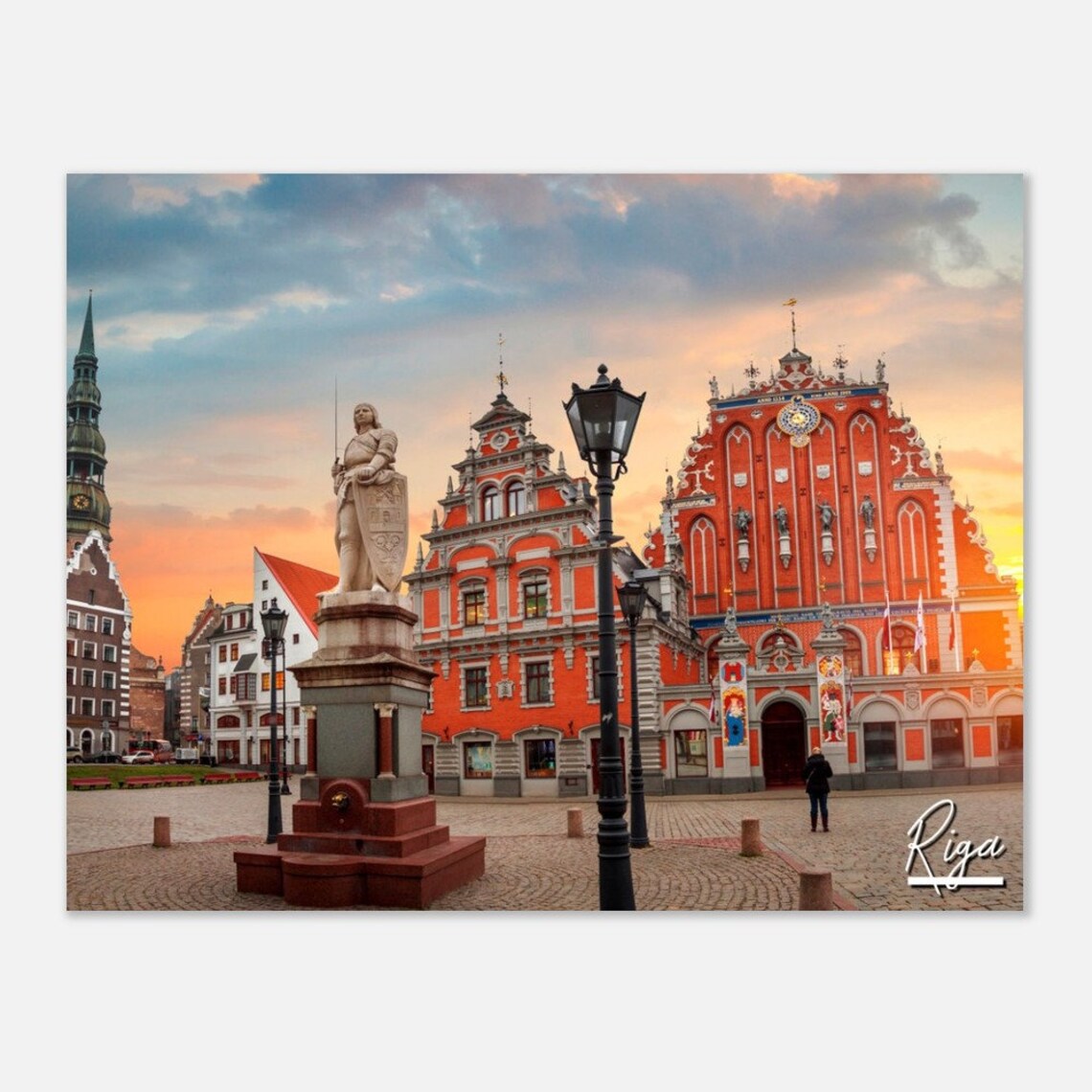 Riga Latvia Old Town Square Roland Statue Sunset Travel Poster